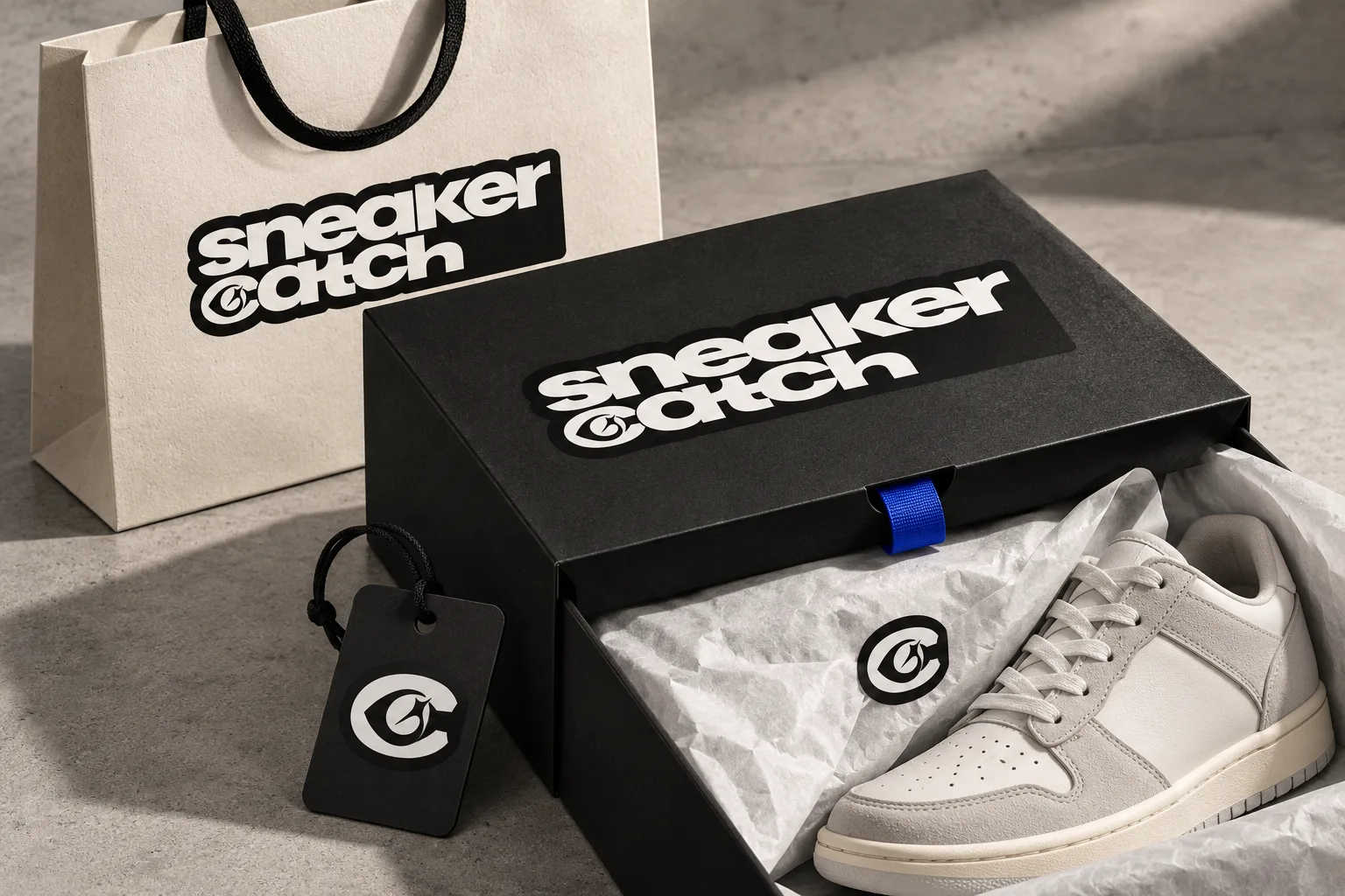 Mockup: bolsa, caja negra y etiqueta colgante con el logo